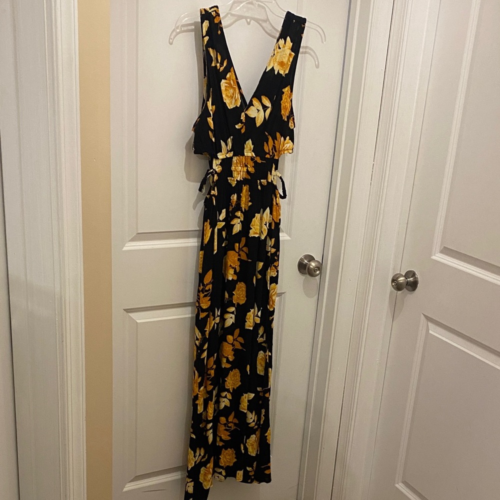 NWT Black Maxi Dress with Yellow Floral Print
